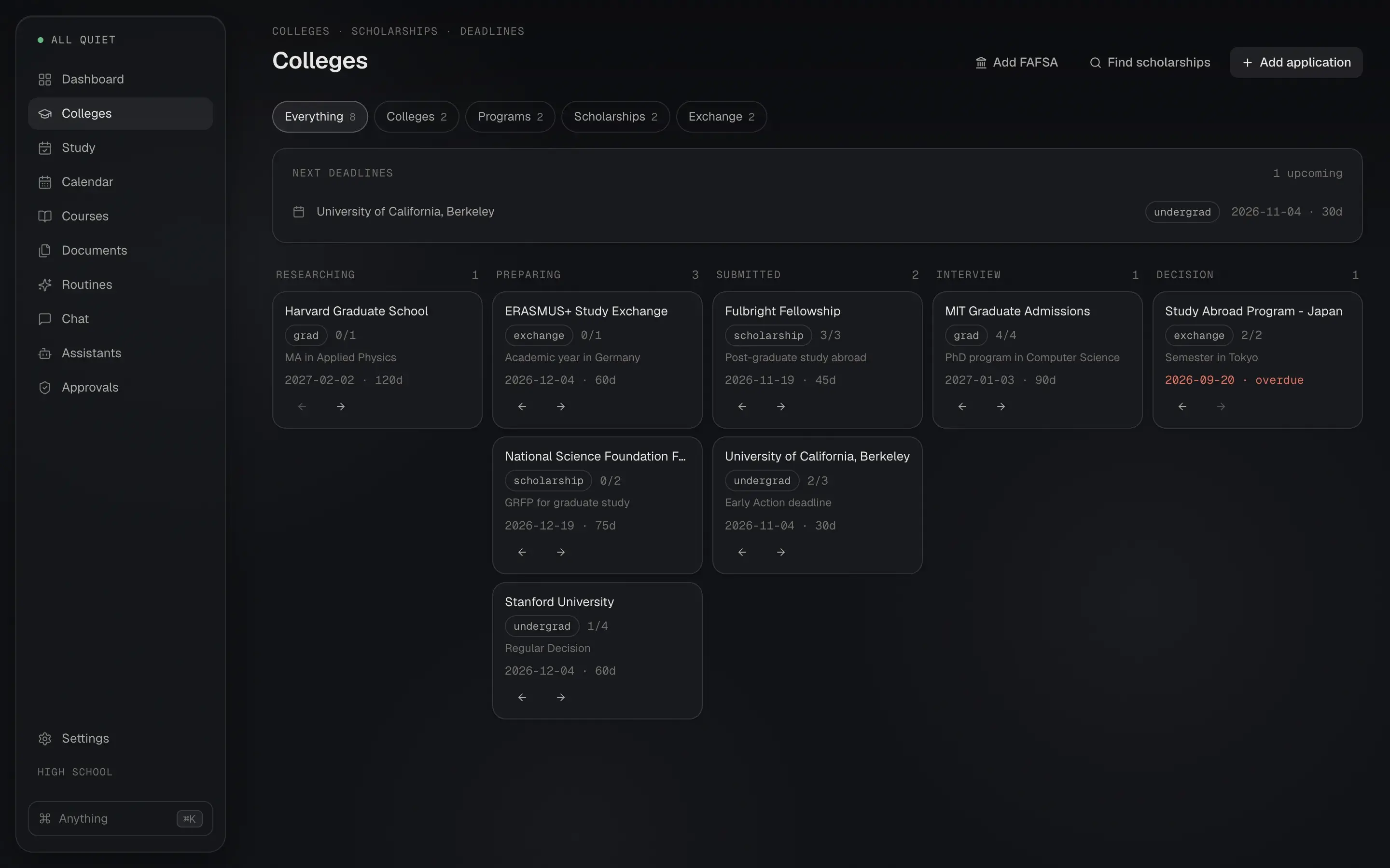 The Colleges board with cards for Harvard Graduate School, ERASMUS+, Fulbright Fellowship, MIT, Stanford, and UC Berkeley across researching, preparing, submitted, interview, and decision columns.
