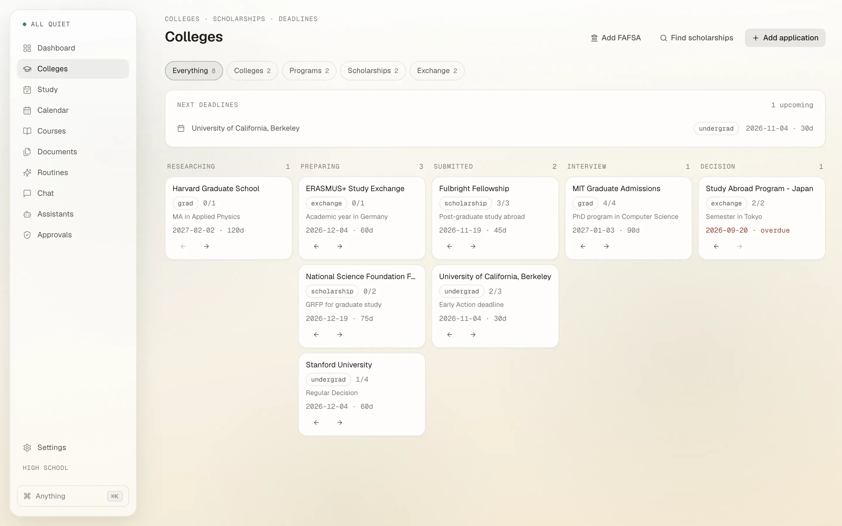 The Colleges board with cards for Harvard Graduate School, ERASMUS+, Fulbright Fellowship, MIT, Stanford, and UC Berkeley across researching, preparing, submitted, interview, and decision columns.