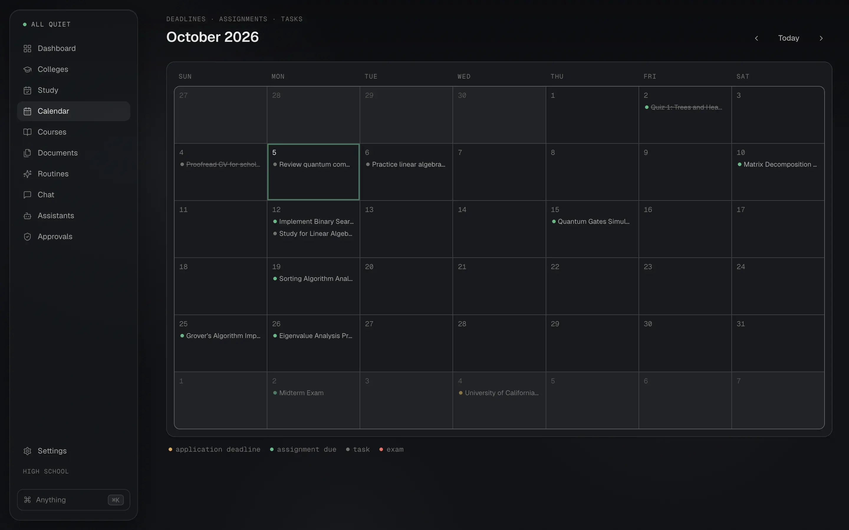 The month calendar for October 2026 with assignment due dates, study tasks, a midterm, and the UC Berkeley application deadline on November 4.