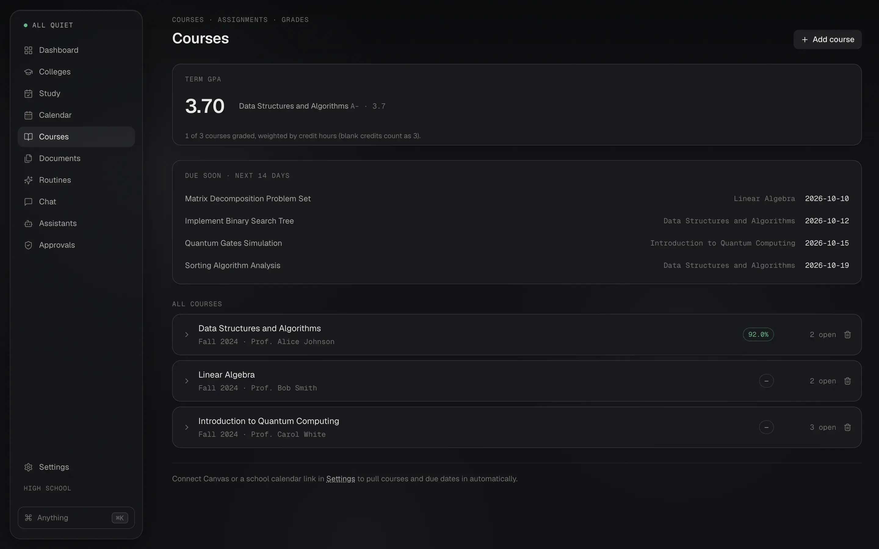 The Courses page showing a 3.70 term GPA, four assignments due in the next 14 days, and three courses with their grades and open assignment counts.