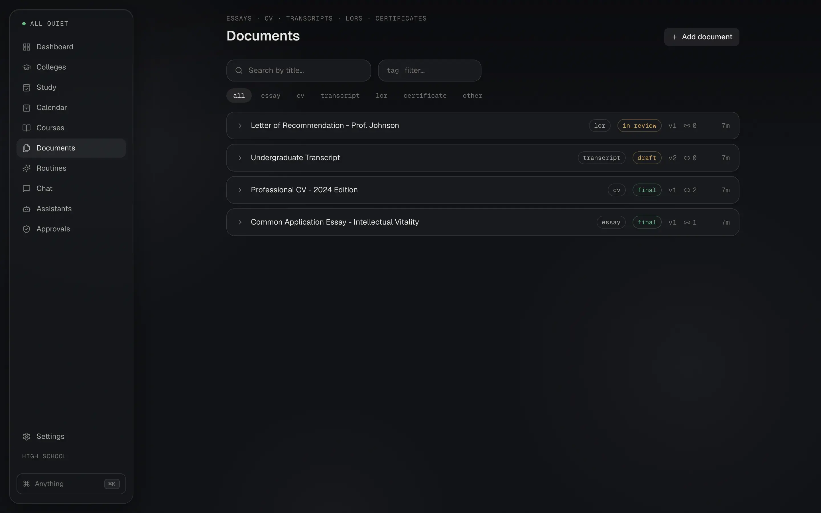 The Documents page listing a letter of recommendation, a transcript, a CV, and a Common Application essay with version numbers and status tags.