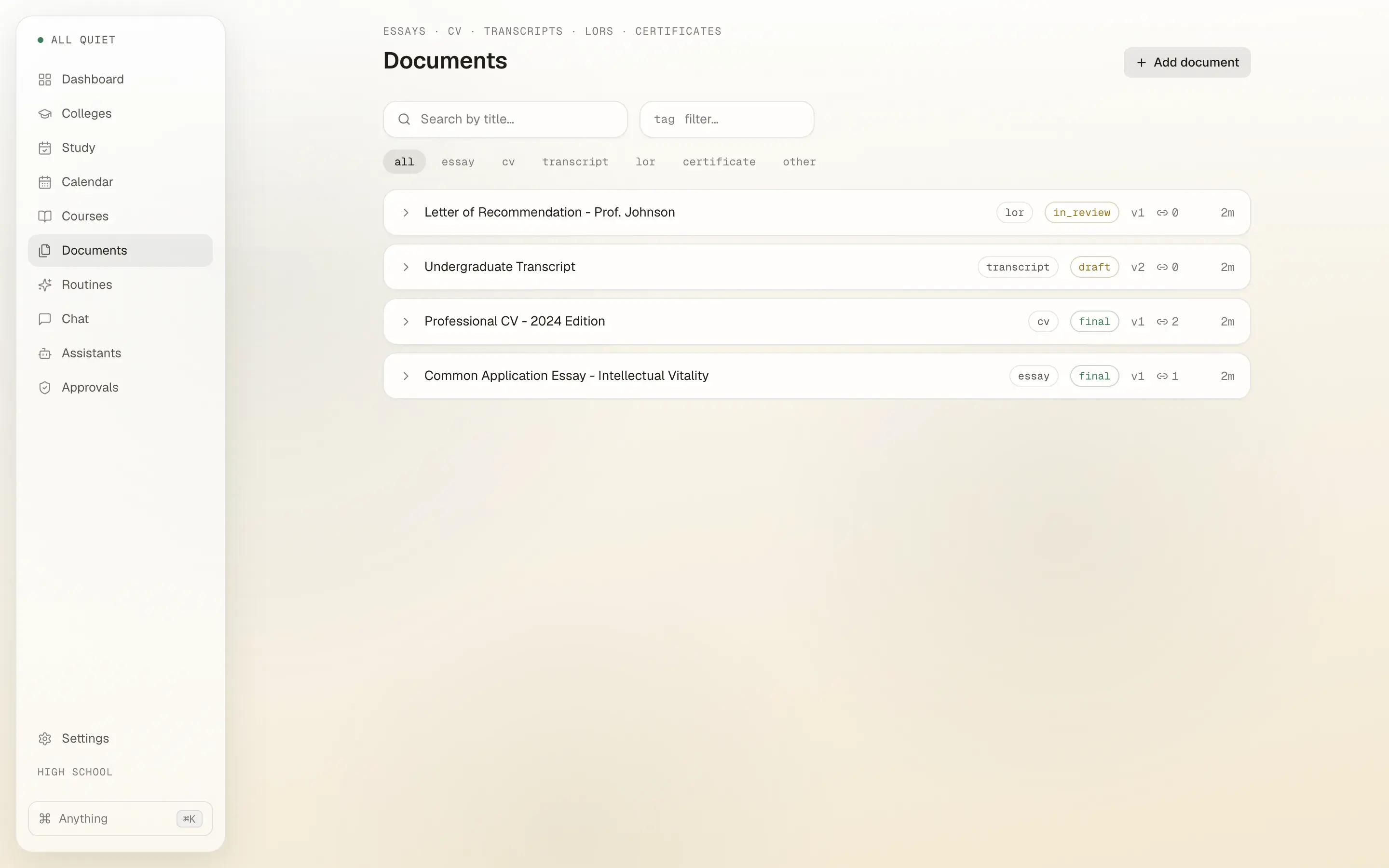 The Documents page listing a letter of recommendation, a transcript, a CV, and a Common Application essay with version numbers and status tags.